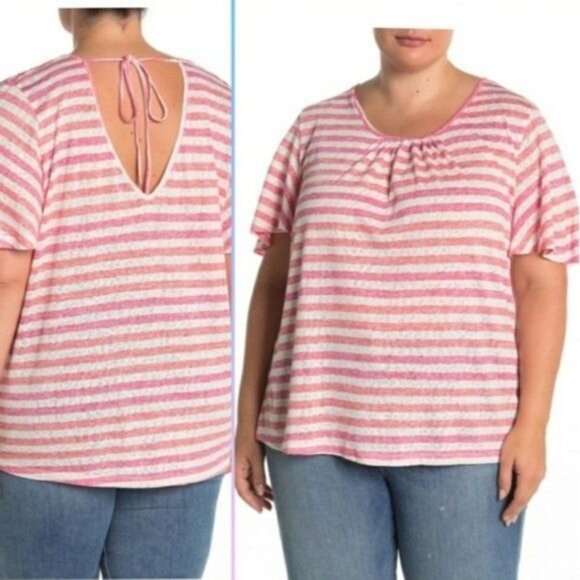 B‎ COLLECTION Womens Shirt Top Tee Soft Coral White Stripe Semi-Sheer Plus 2X - Picture 1 of 7
